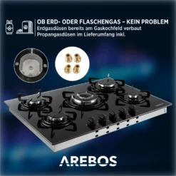 AREBOS Gaskochfeld 5 Flammen, Glaskeramik, Inkl. Topfträger & Zündsicherung, Autark, Geeignet Für Erdgas Oder Propangas, Gasherd, Gaskocher -Küchen Profi e77954944d8846b449e24cde7d6bad2c