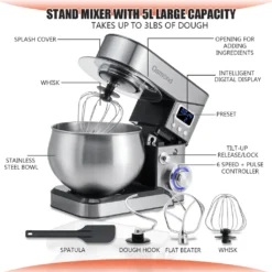 OSMOND 6Gang 5L Küchenmaschine Knetmaschine 1300W LCD StandMixer Edelstahl Rührschüssel Edelstahlschüssel Teigmaschin - Silber -Küchen Profi e77de49f55a5aa0a530fe4d5e9410087