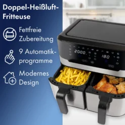 ProfiCook® Doppel-Heißluftfritteuse 9 Liter, XXL Heißluftfritteuse Doppelkammer, Frittieren Mit Heißer Luft Ohne Zusätzliches Öl, 9 Programme, Air Fryer, Touchscreen, PC-FR 1242 H, 2400W -Küchen Profi eb13381509d93703d32a4e0afb3a3171