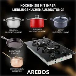 AREBOS Gaskochfeld 2 Flammen, Glaskeramik, Inkl. Topfträger & Zündsicherung, Autark, Geeignet Für Erdgas Oder Propangas, Gasherd -Küchen Profi eb99abdad6e12db057de38839501e3c5