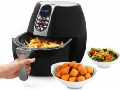 MEDION Heißluftfritteuse, Ca. 1500 Watt, Digitales Bedienfeld, Nutzinhalt Gesamt 4 Liter, Ölfreies Frittieren, 30 Min Timer, Überhitzungsschutz, MD17320 Schwarz -Küchen Profi eee99566f8a5f9e7c89ca22f2b2c7b57