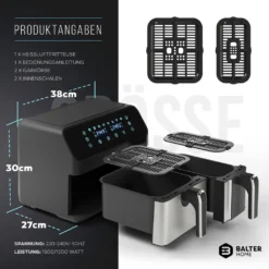 BALTER Heißluftfritteuse Mit Doppelkammer HL-850D, 9L (5,5L + 3,5L), 2 Speisen Gleichzeitig, 9 Programme , Friteuse Ohne Öl, Dual Zone, Airfryer, Heis -Küchen Profi ef431adee7c78208c4d8ffd89aa1d5be