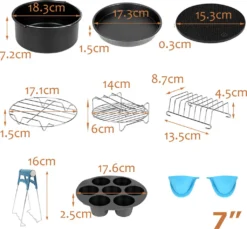 EINFEBEN Heißluftfritteuse Zubehör 7 Zoll 12tlg. Fritteuse Set Inkl. Brotbackkorb Pizzapfanne Silikonpfanne Grillrost Spieße -Küchen Profi f0c64fd650ec7608b5d4361d36c74d26