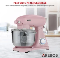 AREBOS Retro Küchenmaschine 1800W, Knetmaschine Mit 6L Edelstahl-Rührschüssel, Geräuscharm, 6 Geschwindigkeiten, Rosa -Küchen Profi f252f6d1deb8b0bab2beaa6ae9aa712e