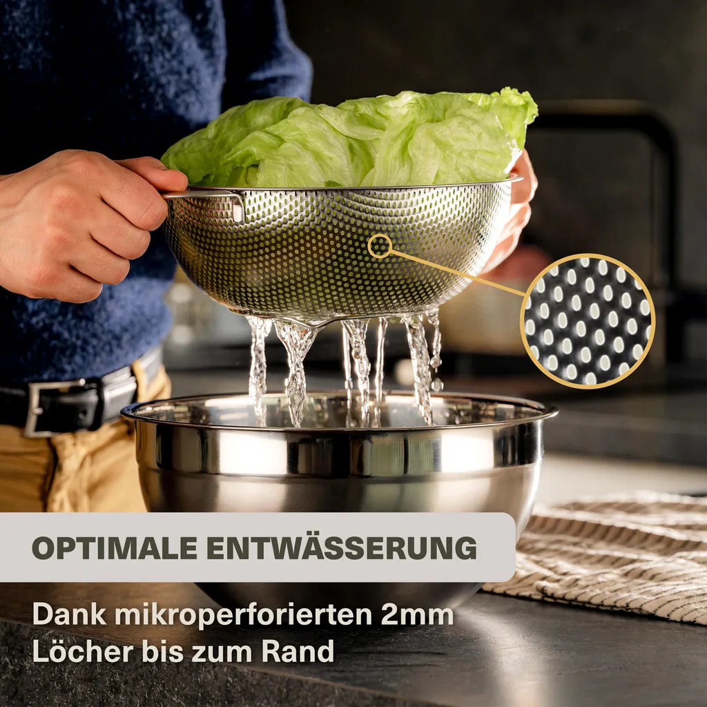 2 Nudelsiebe Aus Edelstahl Mit Mikroperforation - Groß & Klein - Spülmaschinenfest - Standfest - Für Pasta, Obst, Gemüse 5 2 Nudelsiebe Aus Edelstahl Mit Mikroperforation - Groß & Klein - Spülmaschinenfest - Standfest - Für Pasta, Obst, Gemüse – Bild 3