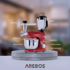 AREBOS 6-in-1 Küchenmaschine 1500W, Fleischwolf, Blender, Nudelmaschine, Knetmaschine Mit Edelstahl-Schüssel 5,5 L, Rot -Küchen Profi f9c8333758977beabfb80cf1e879d661