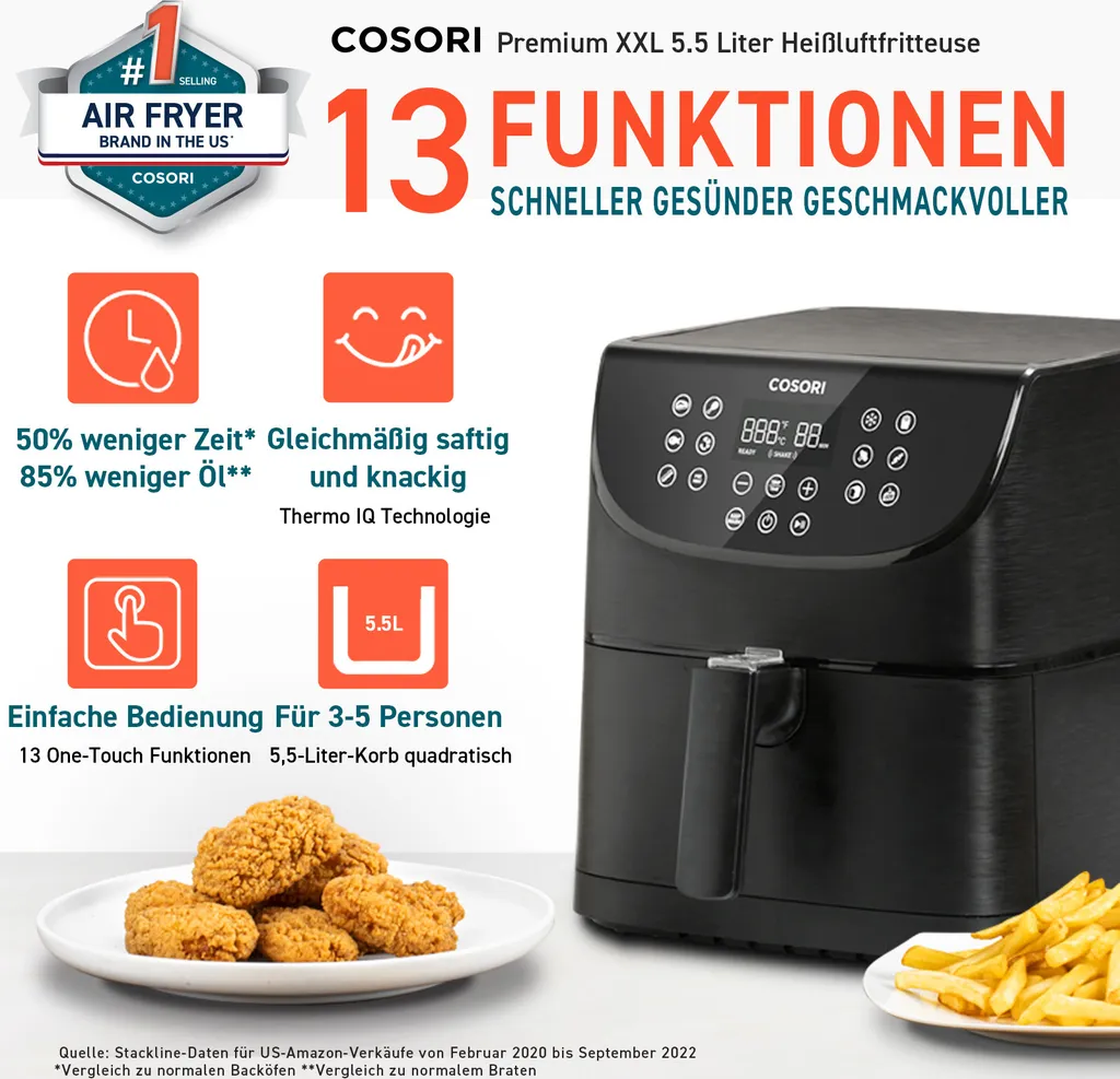 Cosori Premium 5,5-Liter Heißluftfritteuse Mit Spießgestell, Schwarz 9 Cosori Premium 5,5-Liter Heißluftfritteuse Mit Spießgestell, Schwarz – Bild 7
